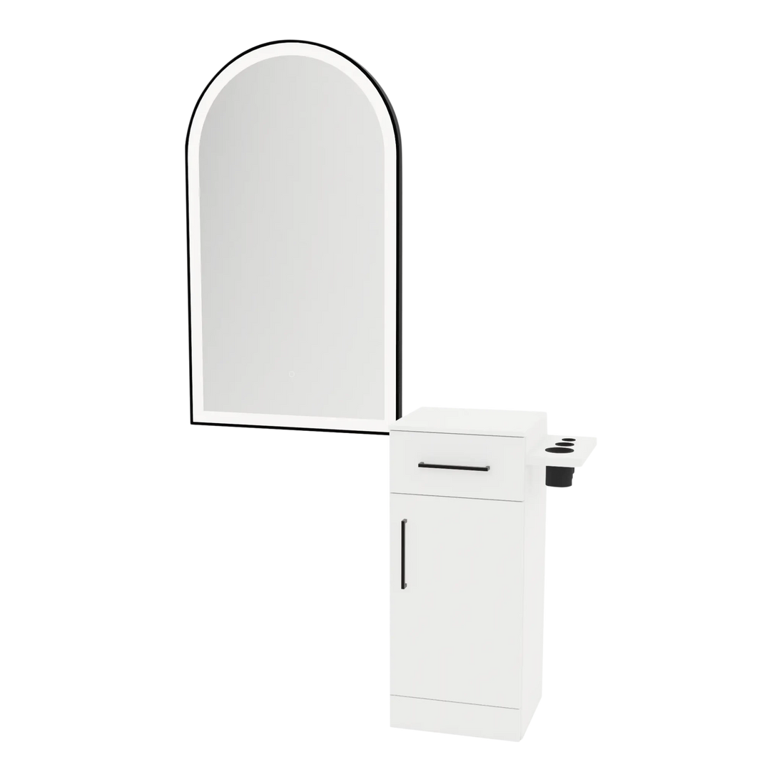 Nova Tower Free Standing Styling Station with Side-Mount Appliance Holder, Solid Surface Countertop, and Black Arch Paloma Mirror - Kaemark