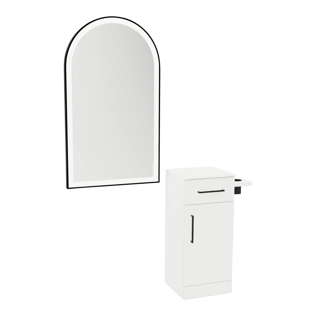 Nova Tower Free Standing Styling Station with Side-Mount Appliance Holder, Solid Surface Countertop, and Black Arch Paloma Mirror - Kaemark
