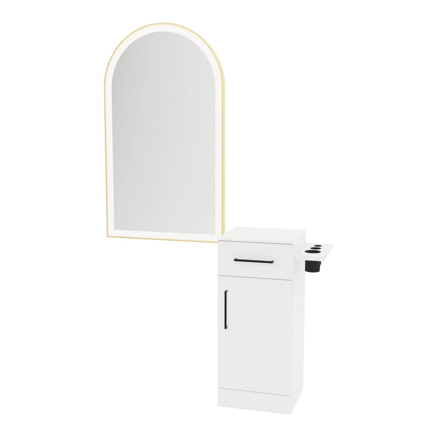 Nova Tower Free Standing Styling Station with Side-Mount Appliance Holder, Solid Surface Countertop, and Gold Arch Paloma Mirror - Kaemark