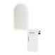 Nova Tower Free Standing Styling Station with Side-Mount Appliance Holder, Solid Surface Countertop, and Gold Arch Paloma Mirror - Kaemark