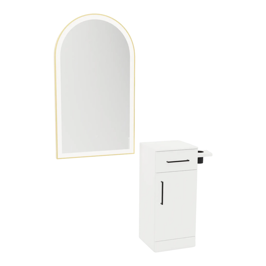 Nova Tower Free Standing Styling Station with Side-Mount Appliance Holder, Solid Surface Countertop, and Gold Arch Paloma Mirror - Kaemark