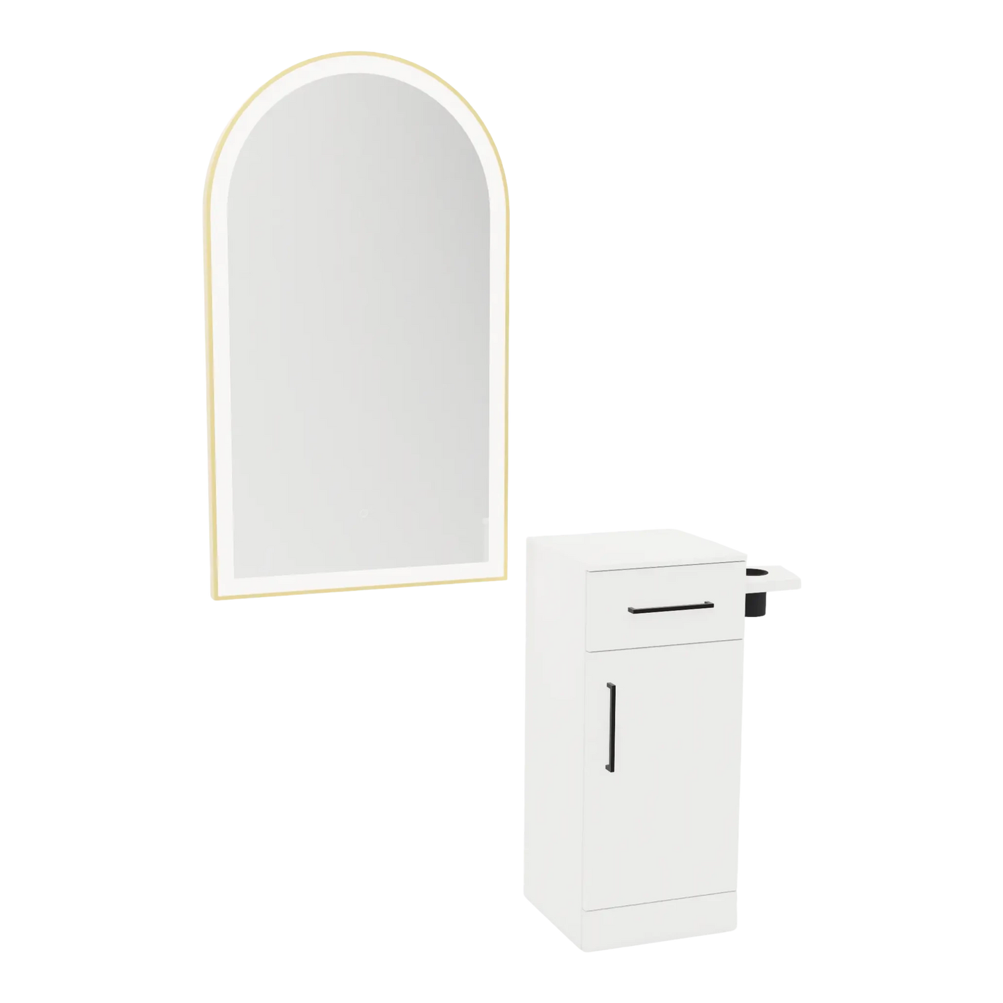 Nova Tower Free Standing Styling Station with Side-Mount Appliance Holder, Solid Surface Countertop, and Gold Arch Paloma Mirror - Kaemark
