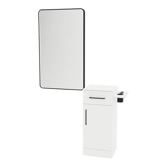 Nova Tower Free Standing Styling Station with Side-Mount Appliance Holder, Solid Surface Countertop, and Black Rectangle Westin Mirror - Kaemark