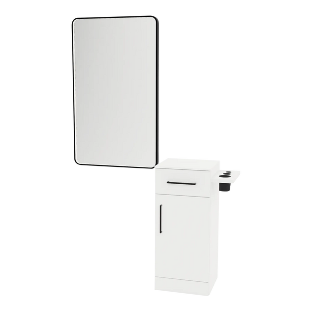 Nova Tower Free Standing Styling Station with Side-Mount Appliance Holder, Solid Surface Countertop, and Black Rectangle Westin Mirror - Kaemark