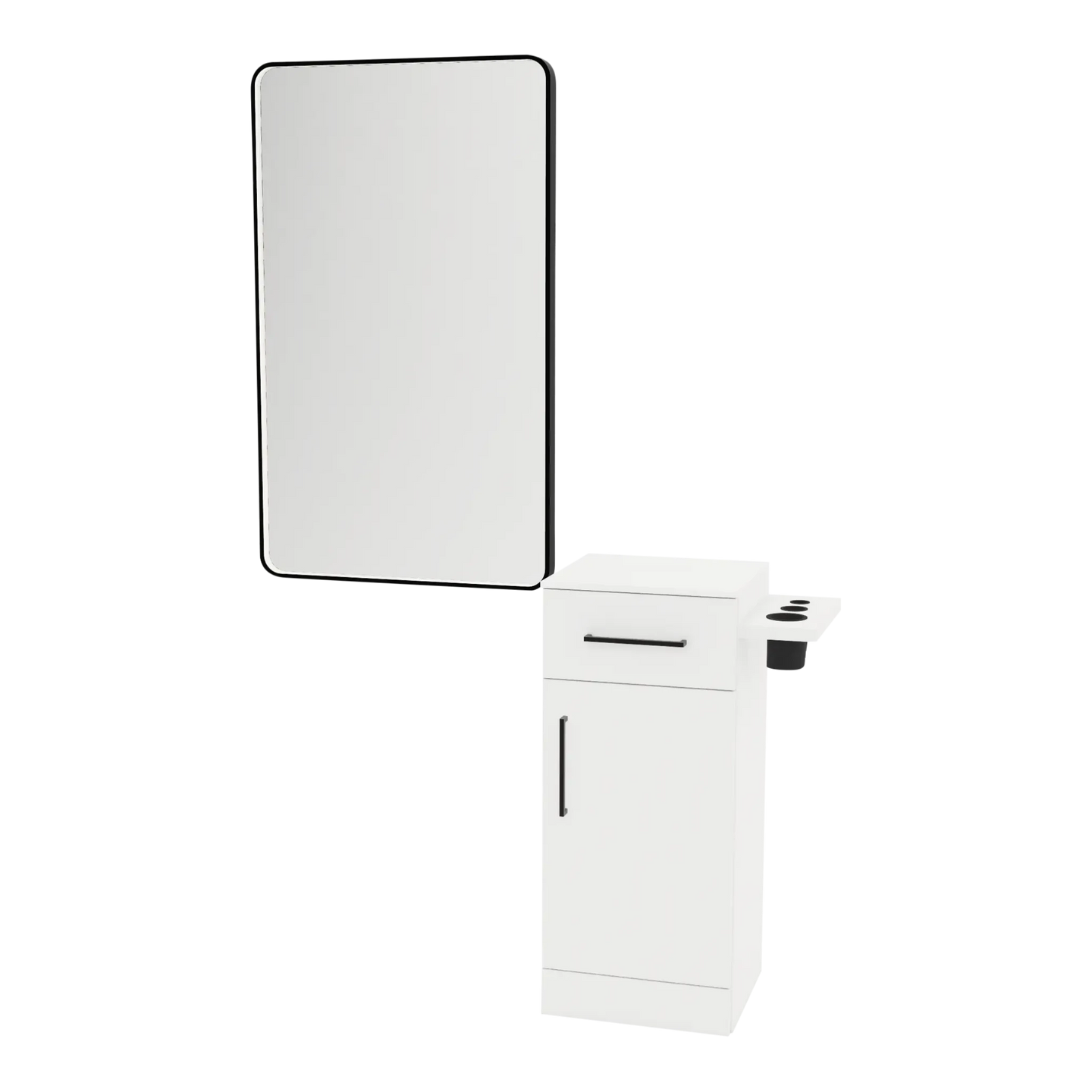 Nova Tower Free Standing Styling Station with Side-Mount Appliance Holder, Solid Surface Countertop, and Black Rectangle Westin Mirror - Kaemark