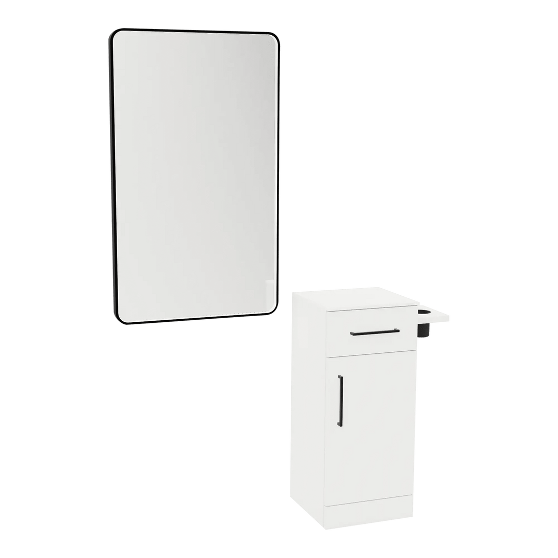 Nova Tower Free Standing Styling Station with Side-Mount Appliance Holder, Solid Surface Countertop, and Black Rectangle Westin Mirror - Kaemark