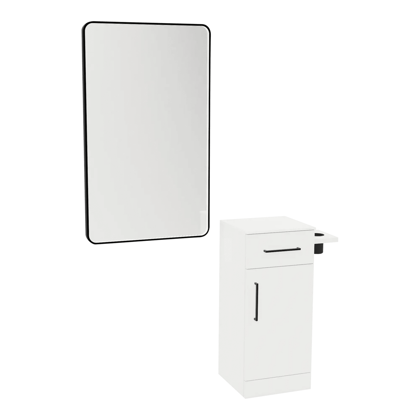 Nova Tower Free Standing Styling Station with Side-Mount Appliance Holder, Solid Surface Countertop, and Black Rectangle Westin Mirror - Kaemark