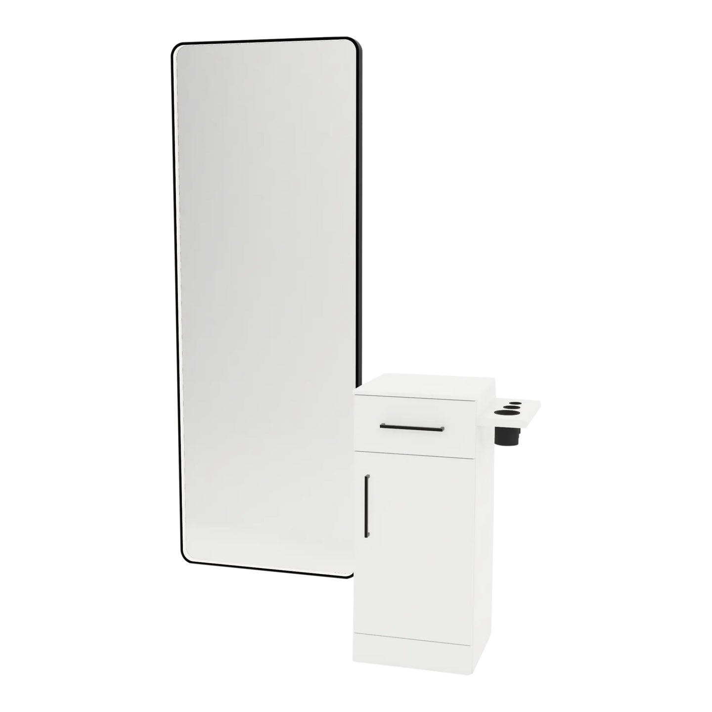 Nova Tower Free Standing Styling Station with Side-Mount Appliance Holder, Solid Surface Countertop, and Black Full-Length Rectangle Westin Mirror - Kaemark