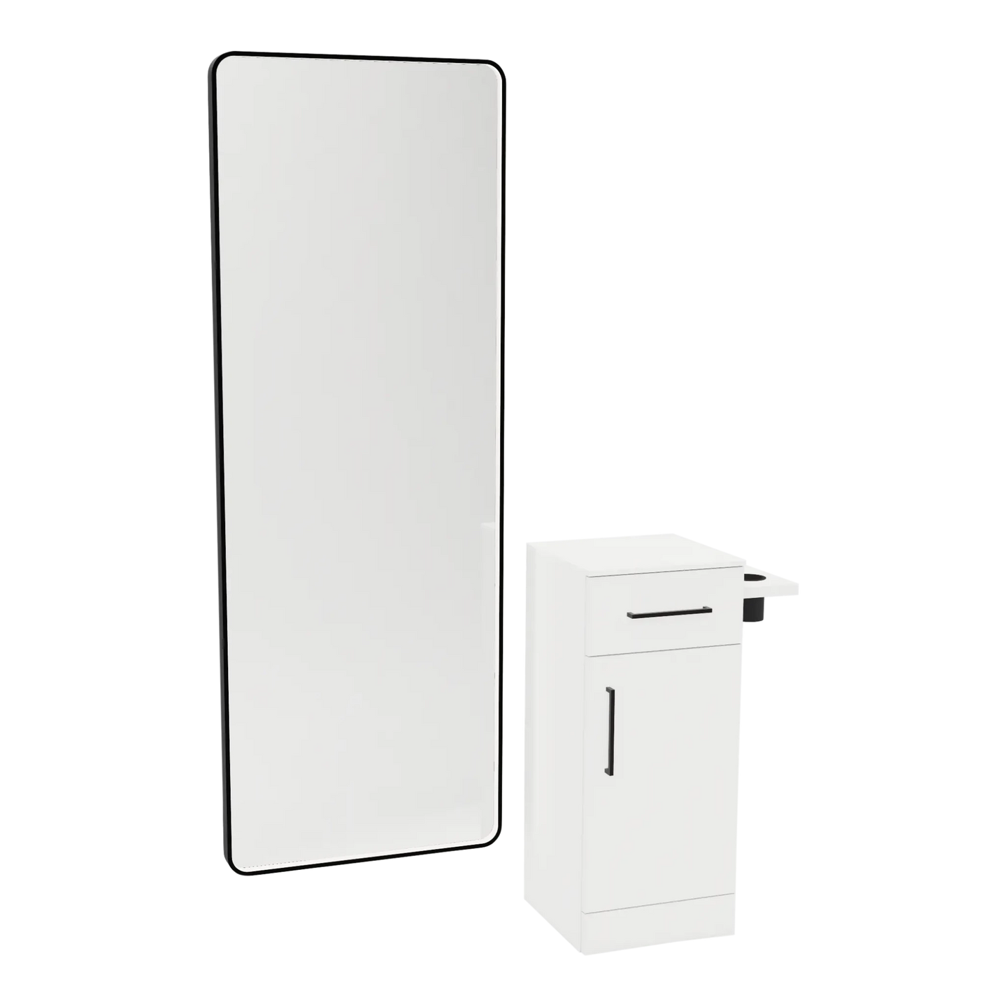 Nova Tower Free Standing Styling Station with Side-Mount Appliance Holder, Solid Surface Countertop, and Black Full-Length Rectangle Westin Mirror - Kaemark