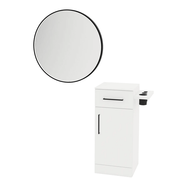 Nova Tower Free Standing Styling Station with Side-Mount Appliance Holder, Solid Surface Countertop, and Black Round Westin Mirror - Kaemark