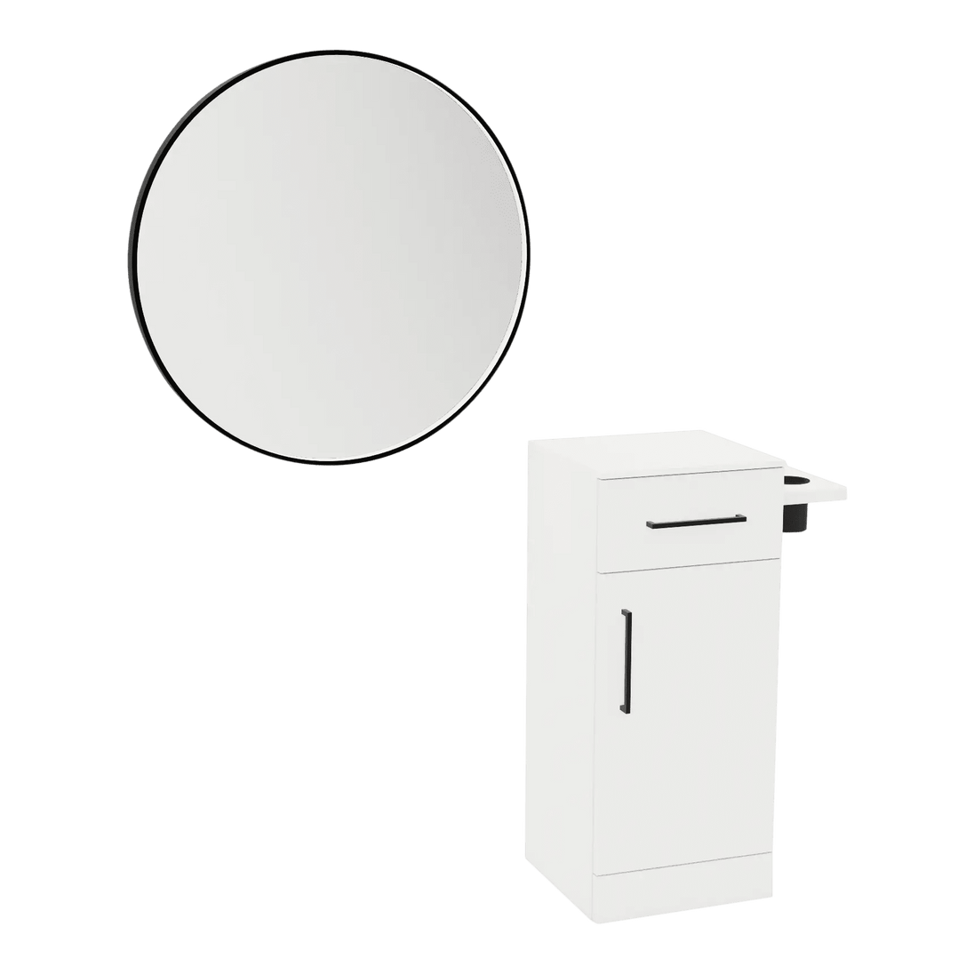 Nova Tower Free Standing Styling Station with Side-Mount Appliance Holder, Solid Surface Countertop, and Black Round Westin Mirror - Kaemark