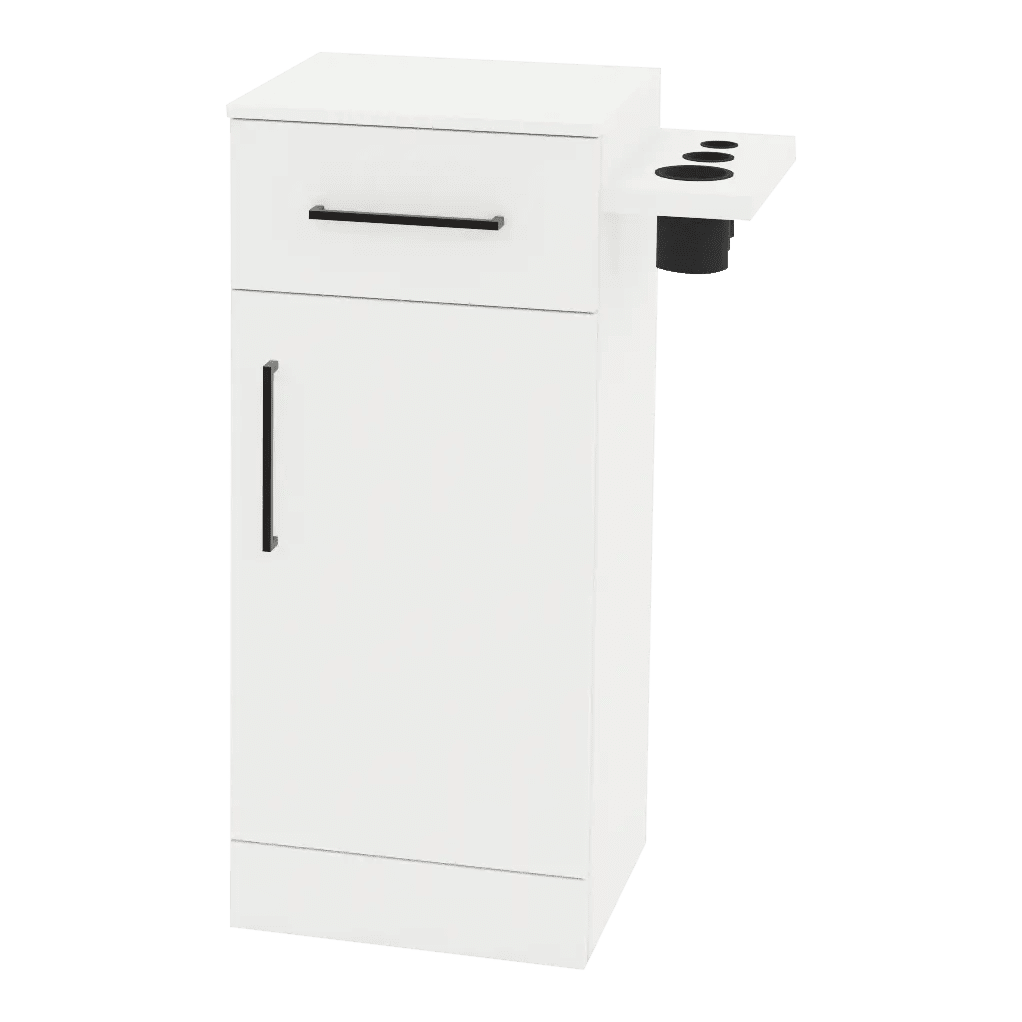 Nova Tower Free Standing Styling Station with Side-Mount Appliance Holder and Solid Surface Countertop (Cabinet Only) - Kaemark