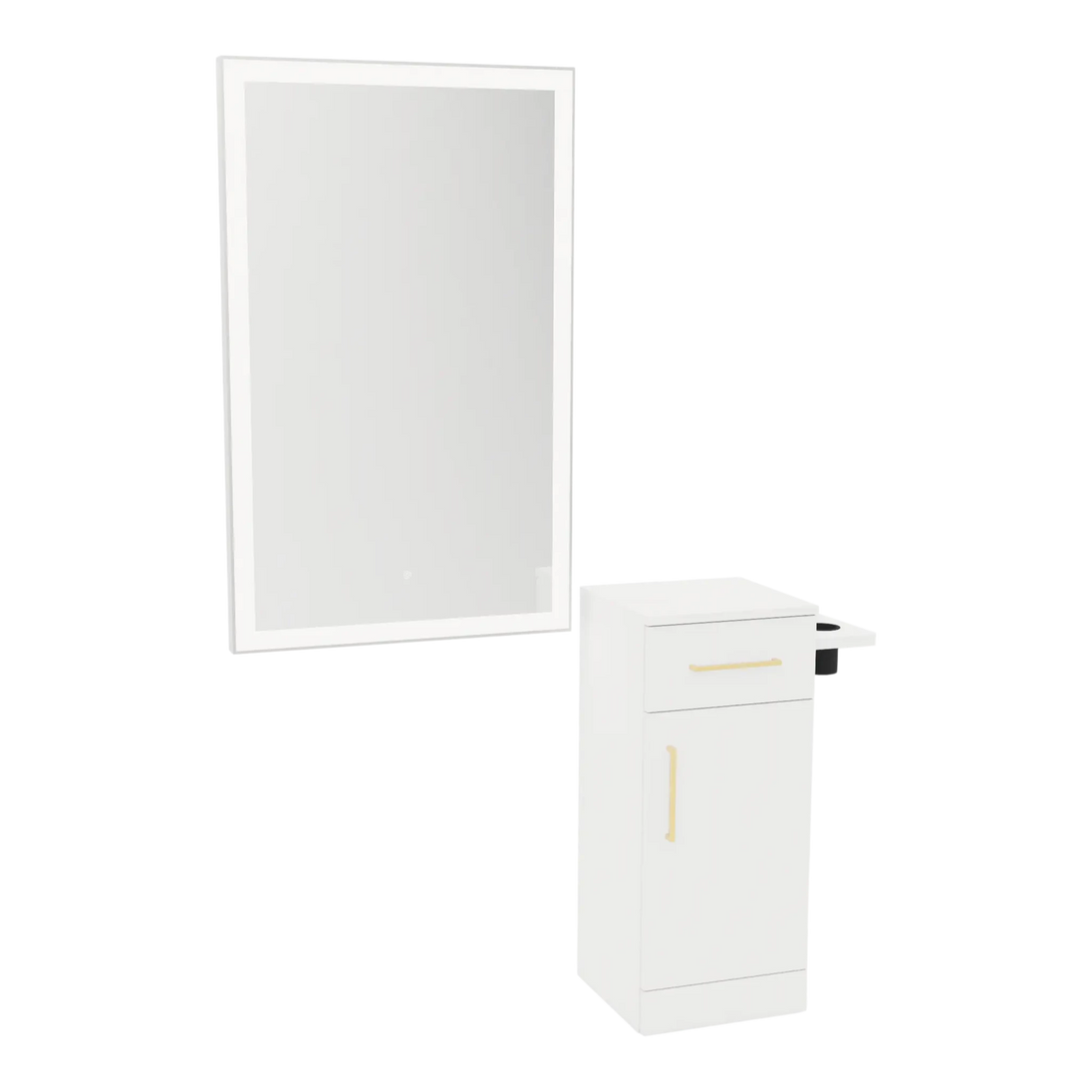Nova Tower Free Standing Styling Station with Side-Mount Appliance Holder and Silver Rectangle Glo Mirror - Kaemark