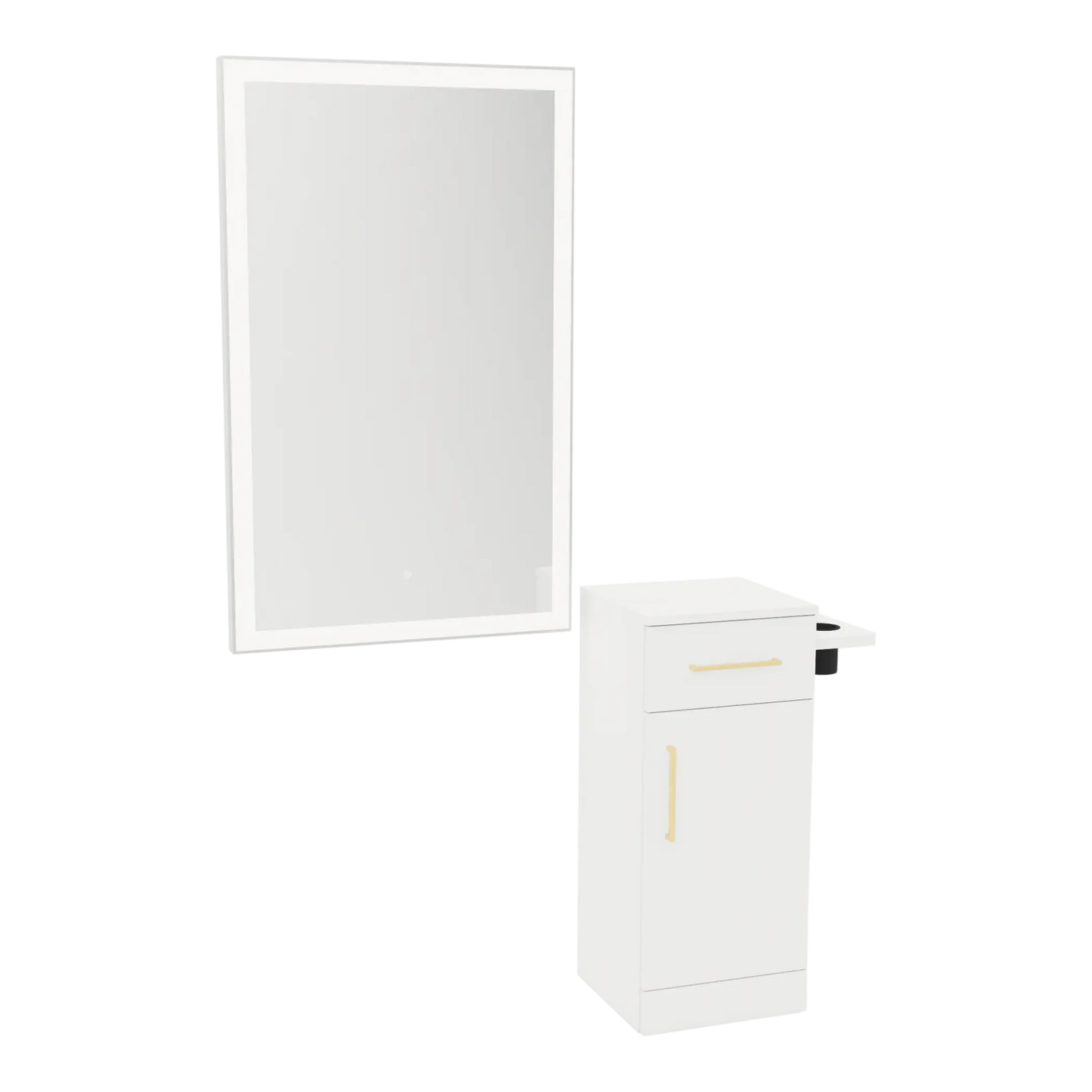 Nova Tower Free Standing Styling Station with Side-Mount Appliance Holder and Silver Rectangle Glo Mirror - Kaemark