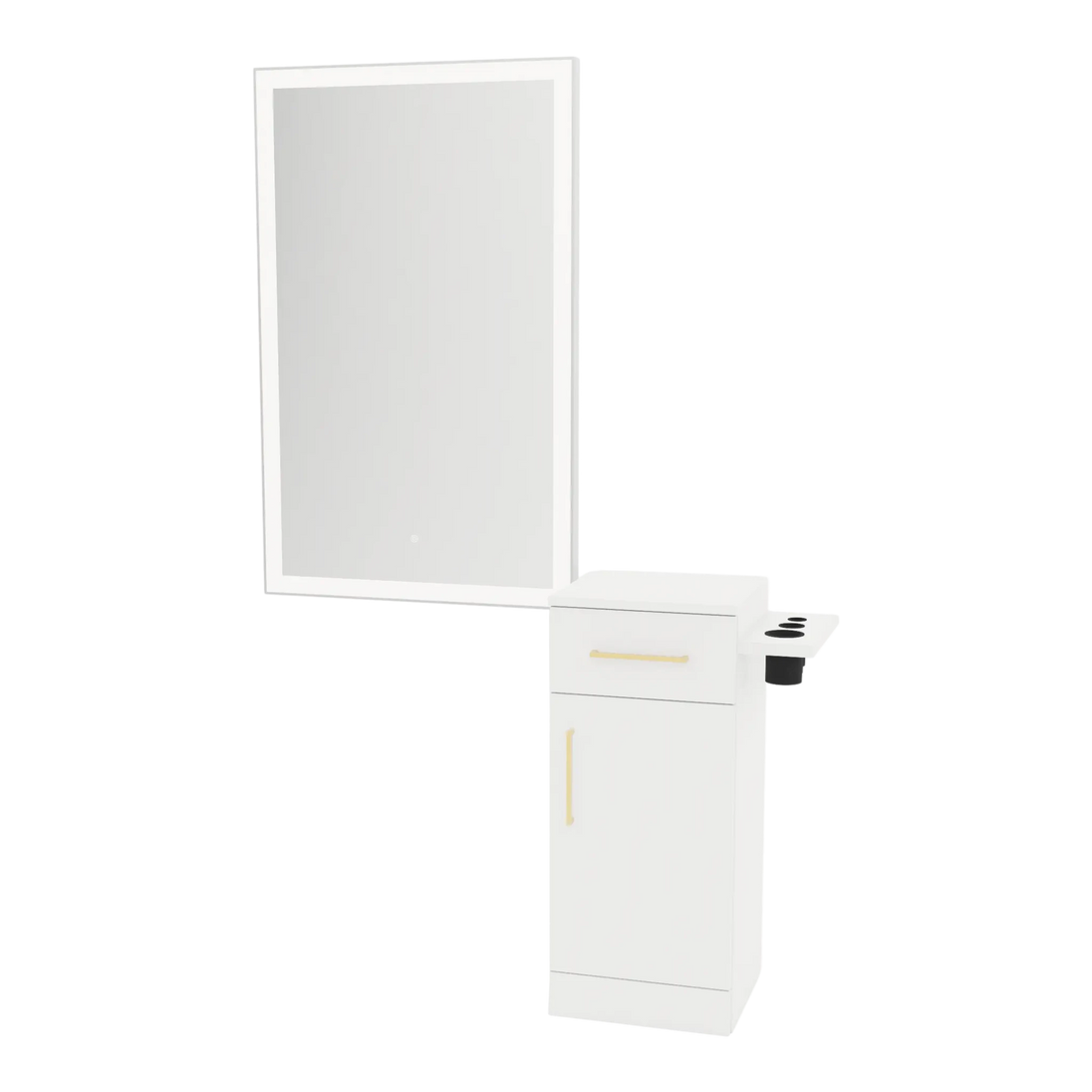 Nova Tower Free Standing Styling Station with Side-Mount Appliance Holder and Silver Rectangle Glo Mirror - Kaemark