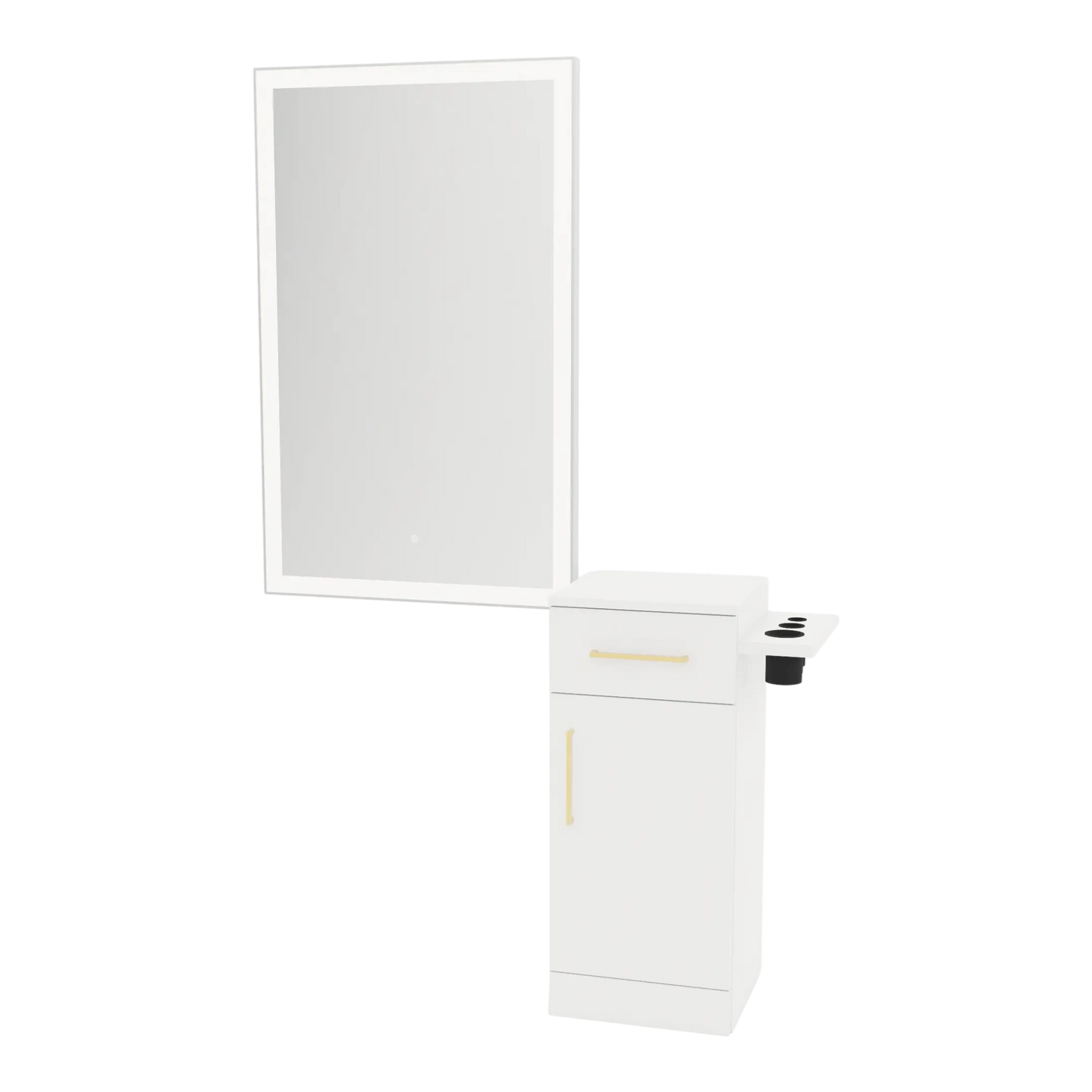 Nova Tower Free Standing Styling Station with Side-Mount Appliance Holder and Silver Rectangle Glo Mirror - Kaemark