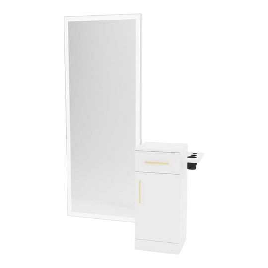Nova Tower Free Standing Styling Station with Side-Mount Appliance Holder and Silver Full-Length Rectangle Glo Mirror - Kaemark