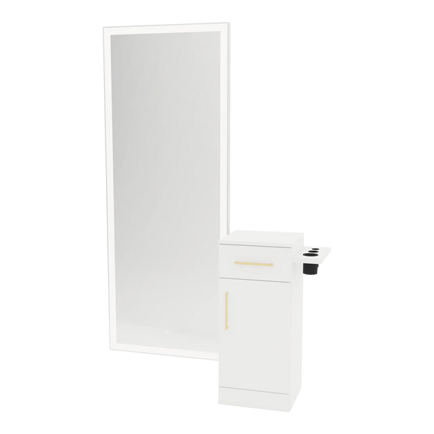 Nova Tower Free Standing Styling Station with Side-Mount Appliance Holder and Silver Full-Length Rectangle Glo Mirror - Kaemark