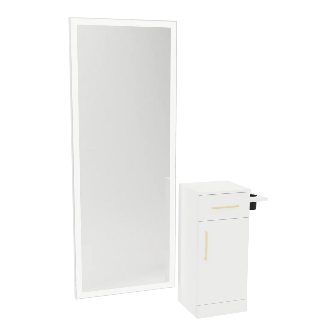 Nova Tower Free Standing Styling Station with Side-Mount Appliance Holder and Silver Full-Length Rectangle Glo Mirror - Kaemark