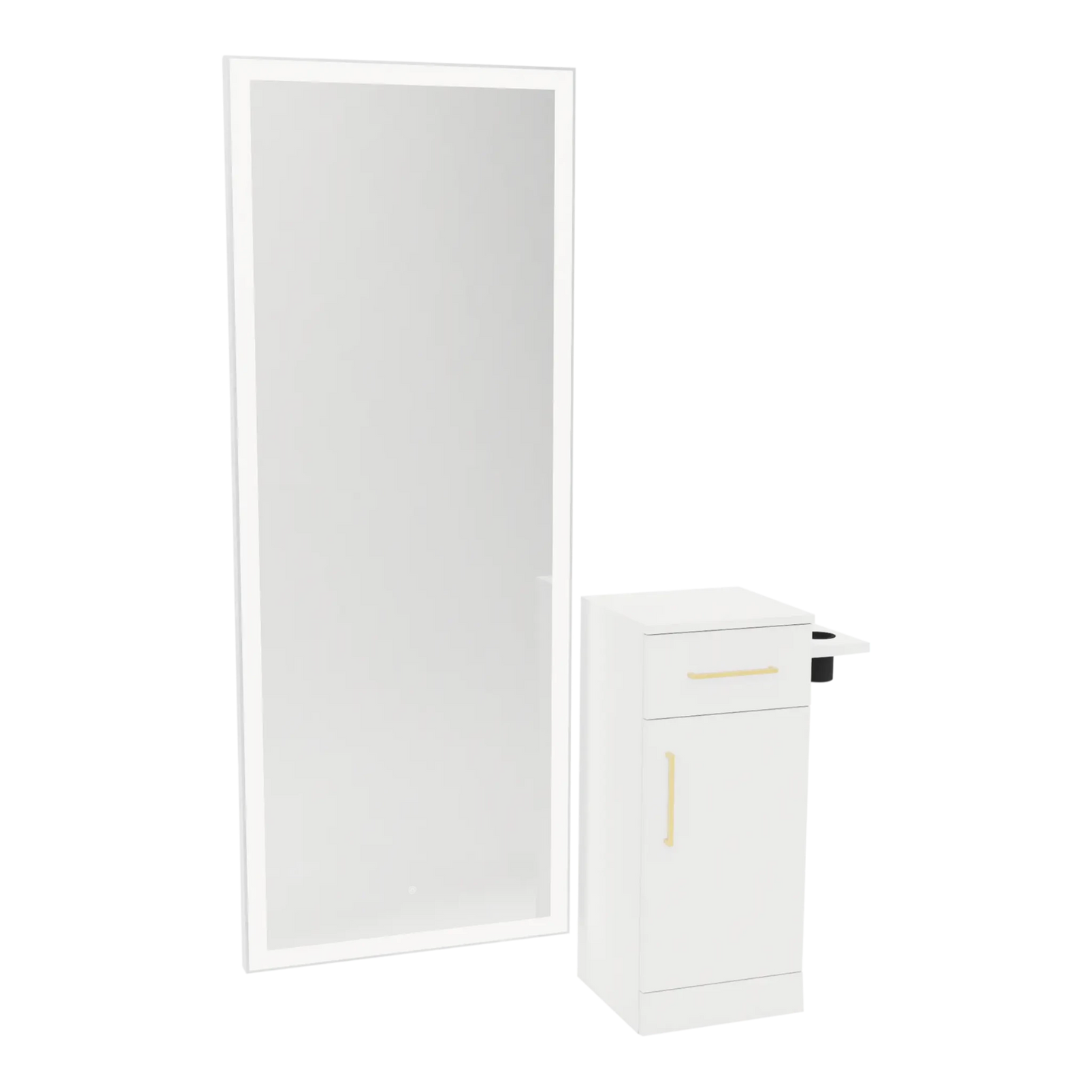 Nova Tower Free Standing Styling Station with Side-Mount Appliance Holder and Silver Full-Length Rectangle Glo Mirror - Kaemark