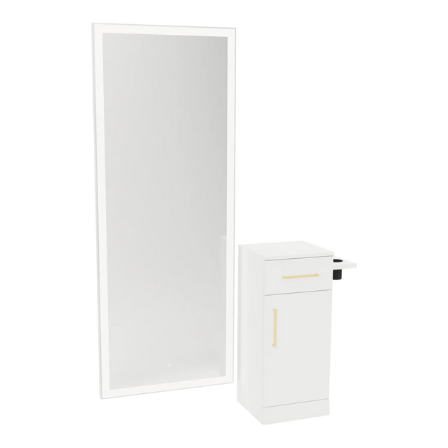 Nova Tower Free Standing Styling Station with Side-Mount Appliance Holder and Silver Full-Length Rectangle Glo Mirror - Kaemark