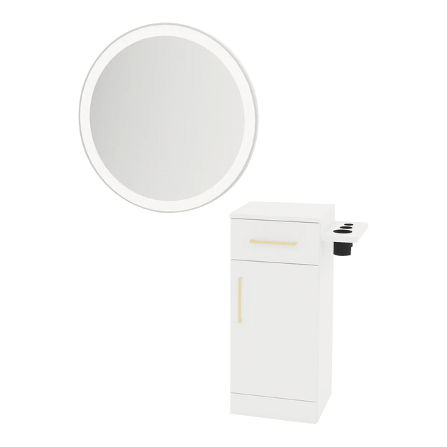 Nova Tower Free Standing Styling Station with Side-Mount Appliance Holder and Silver Round Glo Mirror - Kaemark