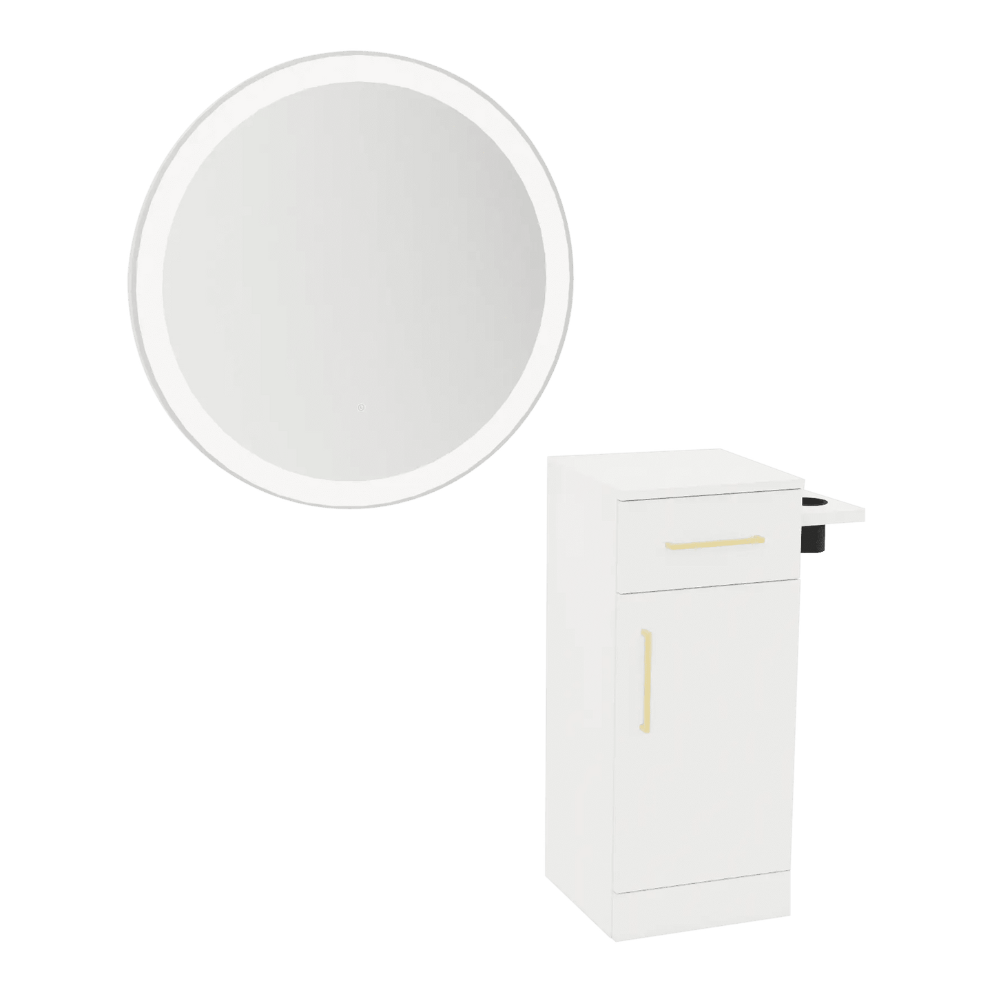 Nova Tower Free Standing Styling Station with Side-Mount Appliance Holder and Silver Round Glo Mirror - Kaemark