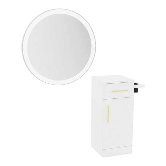 Nova Tower Free Standing Styling Station with Side-Mount Appliance Holder and Silver Round Glo Mirror - Kaemark