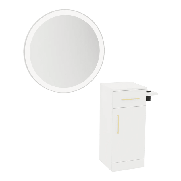 Nova Tower Free Standing Styling Station with Side-Mount Appliance Holder and Silver Round Glo Mirror - Kaemark