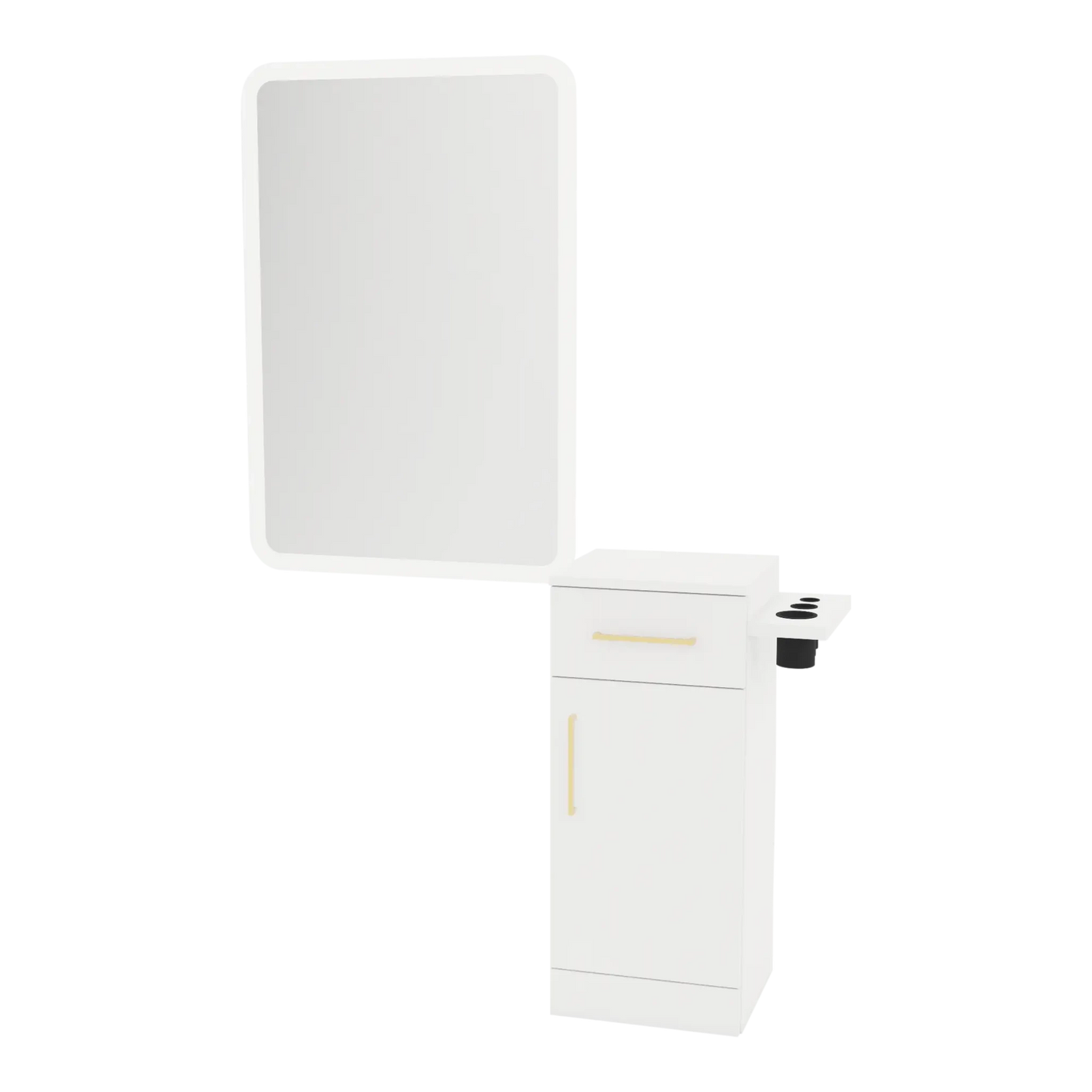Nova Tower Free Standing Styling Station with Side-Mount Appliance Holder and White Rectangle Illuminate Back Lit Mirror - Kaemark