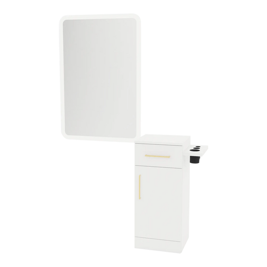 Nova Tower Free Standing Styling Station with Side-Mount Appliance Holder and White Rectangle Illuminate Back Lit Mirror - Kaemark