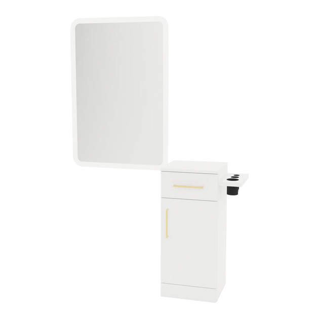 Nova Tower Free Standing Styling Station with Side-Mount Appliance Holder and White Rectangle Illuminate Back Lit Mirror - Kaemark