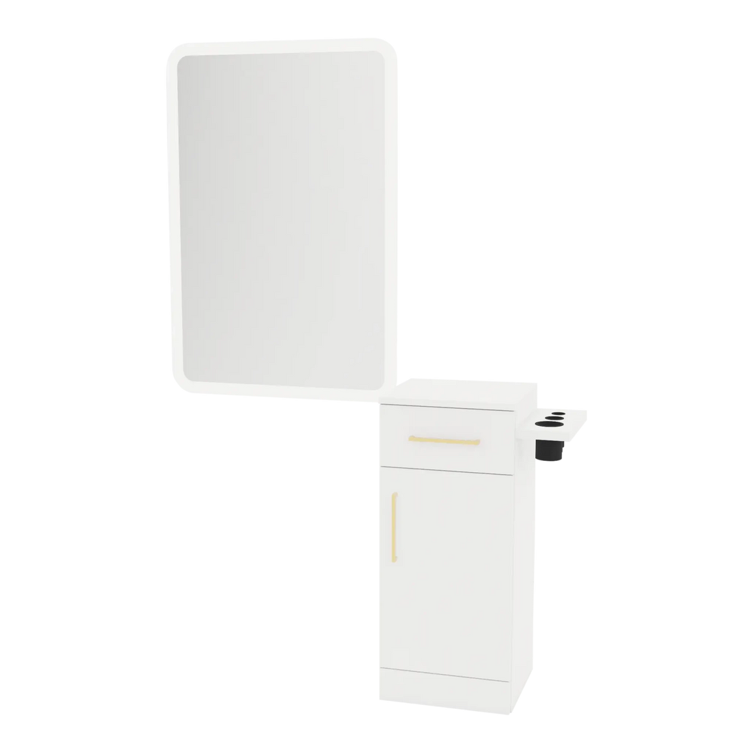 Nova Tower Free Standing Styling Station with Side-Mount Appliance Holder and White Rectangle Illuminate Back Lit Mirror - Kaemark