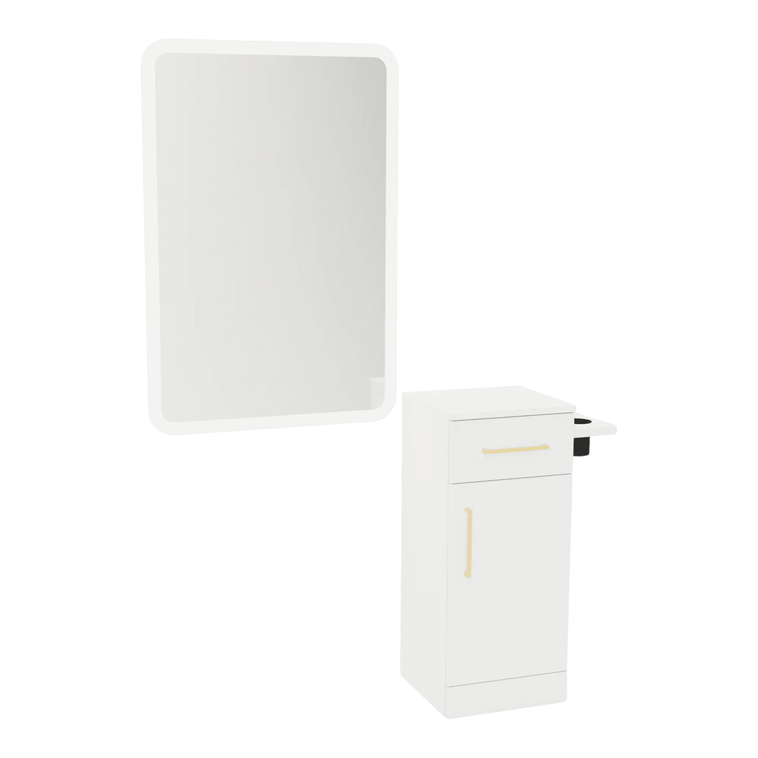 Nova Tower Free Standing Styling Station with Side-Mount Appliance Holder and White Rectangle Illuminate Back Lit Mirror - Kaemark