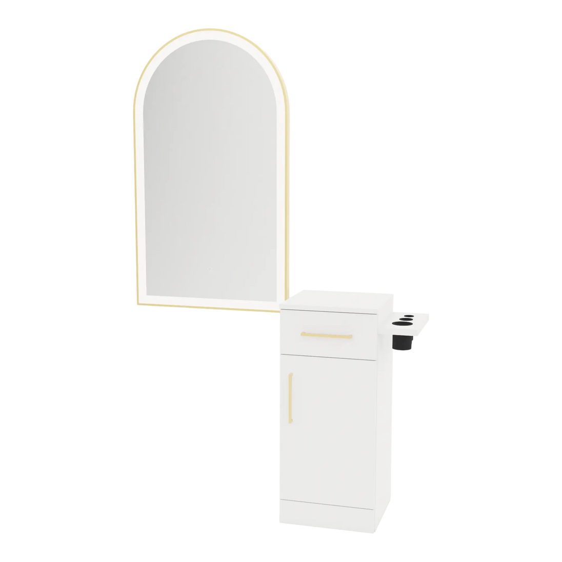 Nova Tower Free Standing Styling Station with Side-Mount Appliance Holder and Gold Arch Paloma Mirror - Kaemark