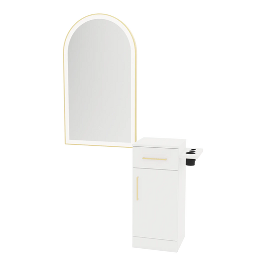 Nova Tower Free Standing Styling Station with Side-Mount Appliance Holder and Gold Arch Paloma Mirror - Kaemark