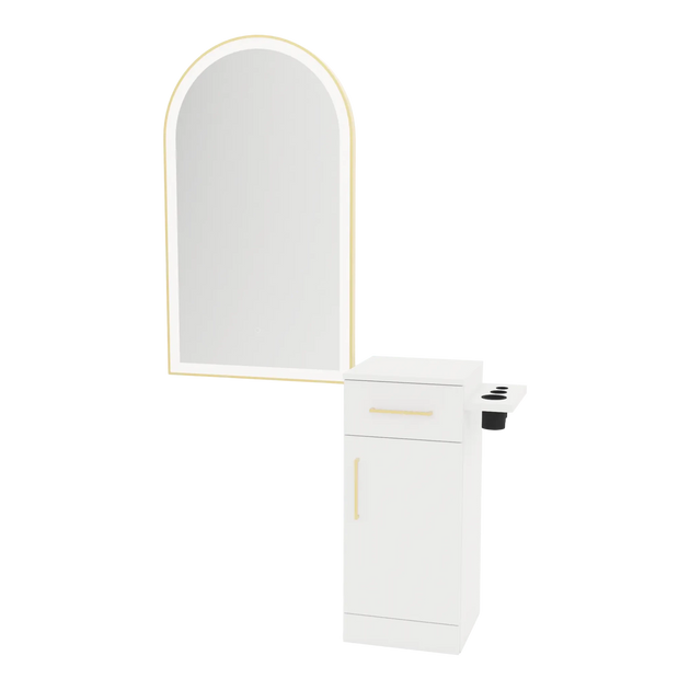 Nova Tower Free Standing Styling Station with Side-Mount Appliance Holder and Gold Arch Paloma Mirror - Kaemark