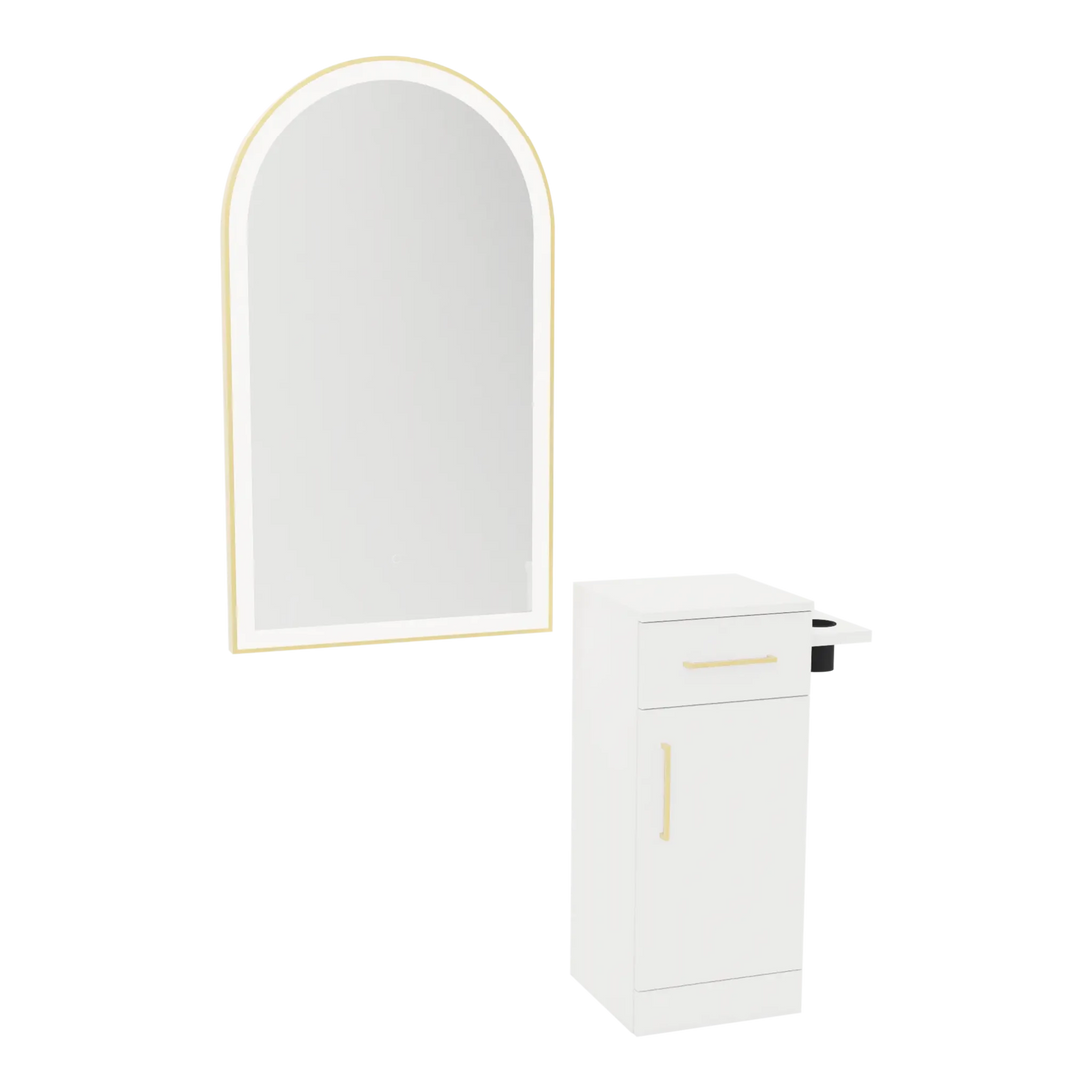 Nova Tower Free Standing Styling Station with Side-Mount Appliance Holder and Gold Arch Paloma Mirror - Kaemark