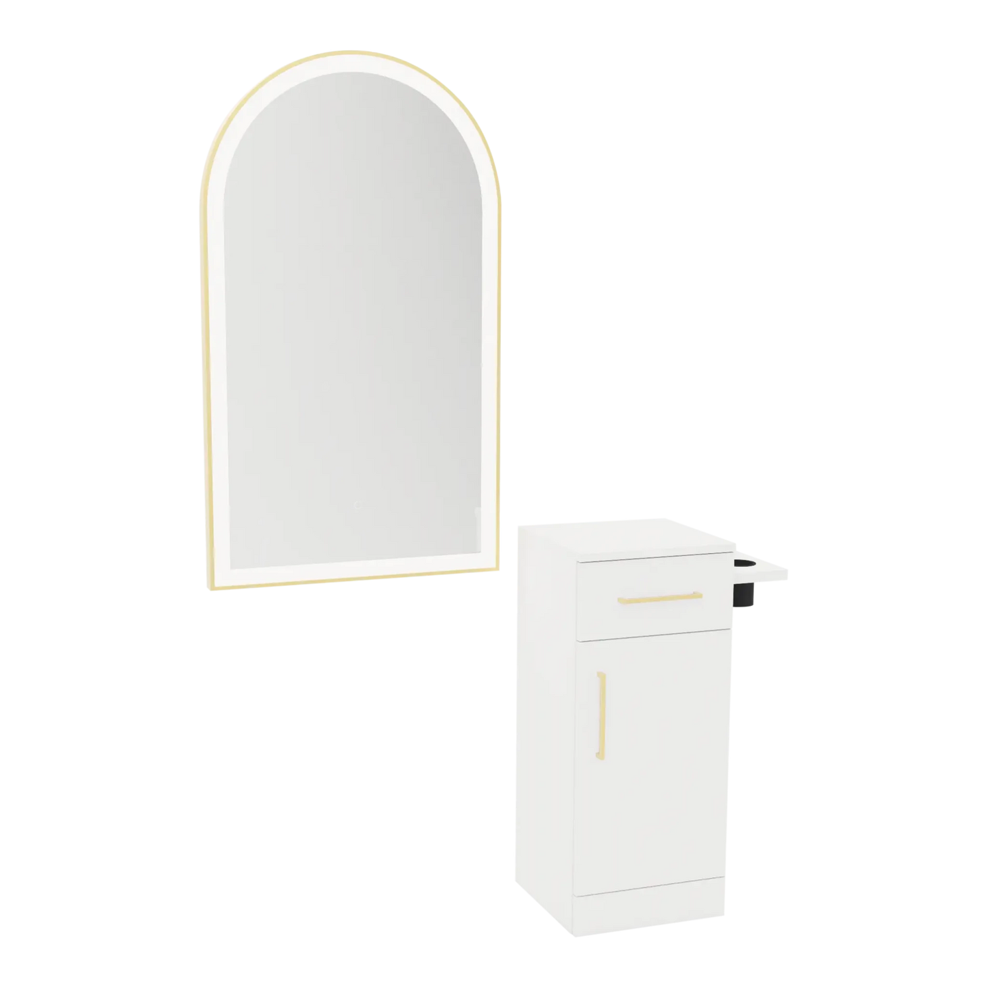 Nova Tower Free Standing Styling Station with Side-Mount Appliance Holder and Gold Arch Paloma Mirror - Kaemark