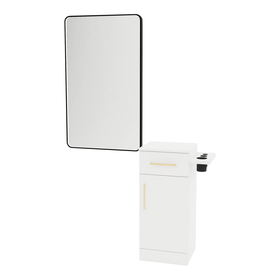 Nova Tower Free Standing Styling Station with Side-Mount Appliance Holder and Black Rectangle Westin Mirror - Kaemark