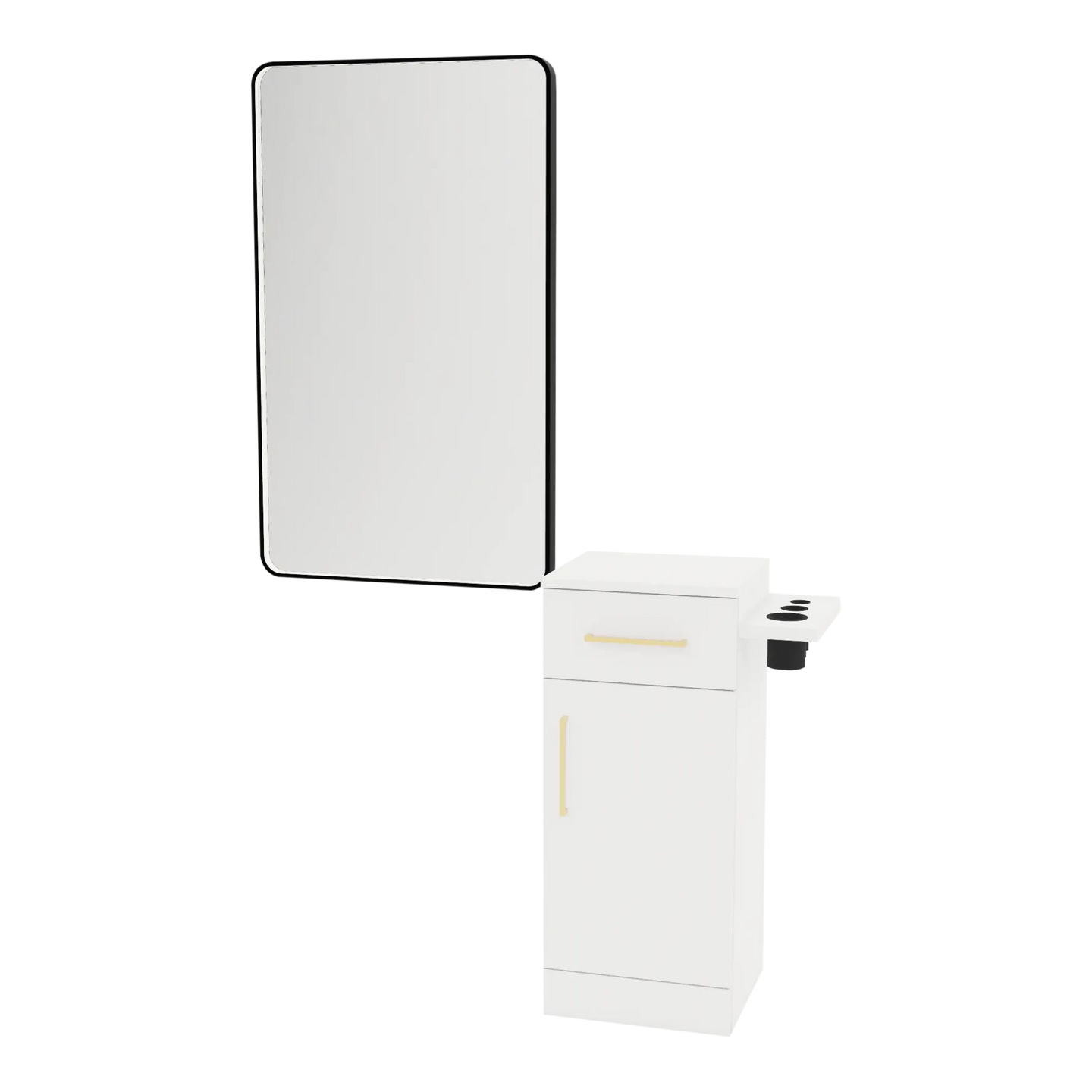 Nova Tower Free Standing Styling Station with Side-Mount Appliance Holder and Black Rectangle Westin Mirror - Kaemark