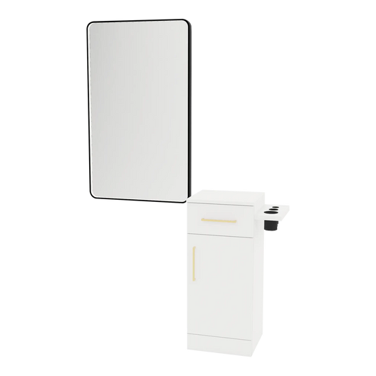 Nova Tower Free Standing Styling Station with Side-Mount Appliance Holder and Black Rectangle Westin Mirror - Kaemark