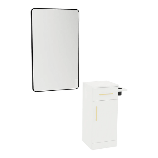 Nova Tower Free Standing Styling Station with Side-Mount Appliance Holder and Black Rectangle Westin Mirror - Kaemark