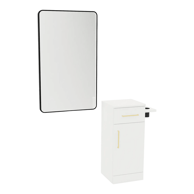 Nova Tower Free Standing Styling Station with Side-Mount Appliance Holder and Black Rectangle Westin Mirror - Kaemark