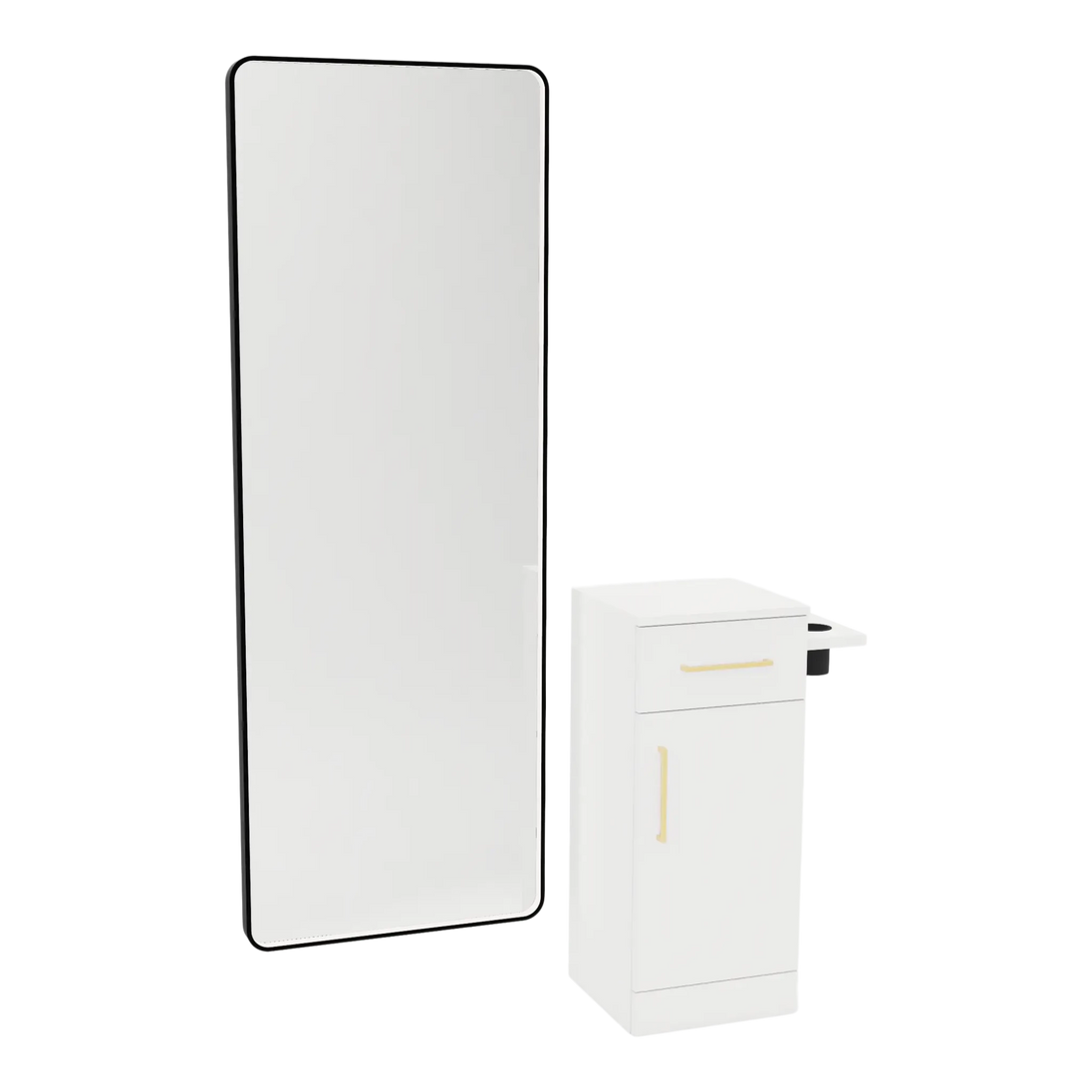 Nova Tower Free Standing Styling Station with Side-Mount Appliance Holder and Black Full-Length Rectangle Westin Mirror - Kaemark