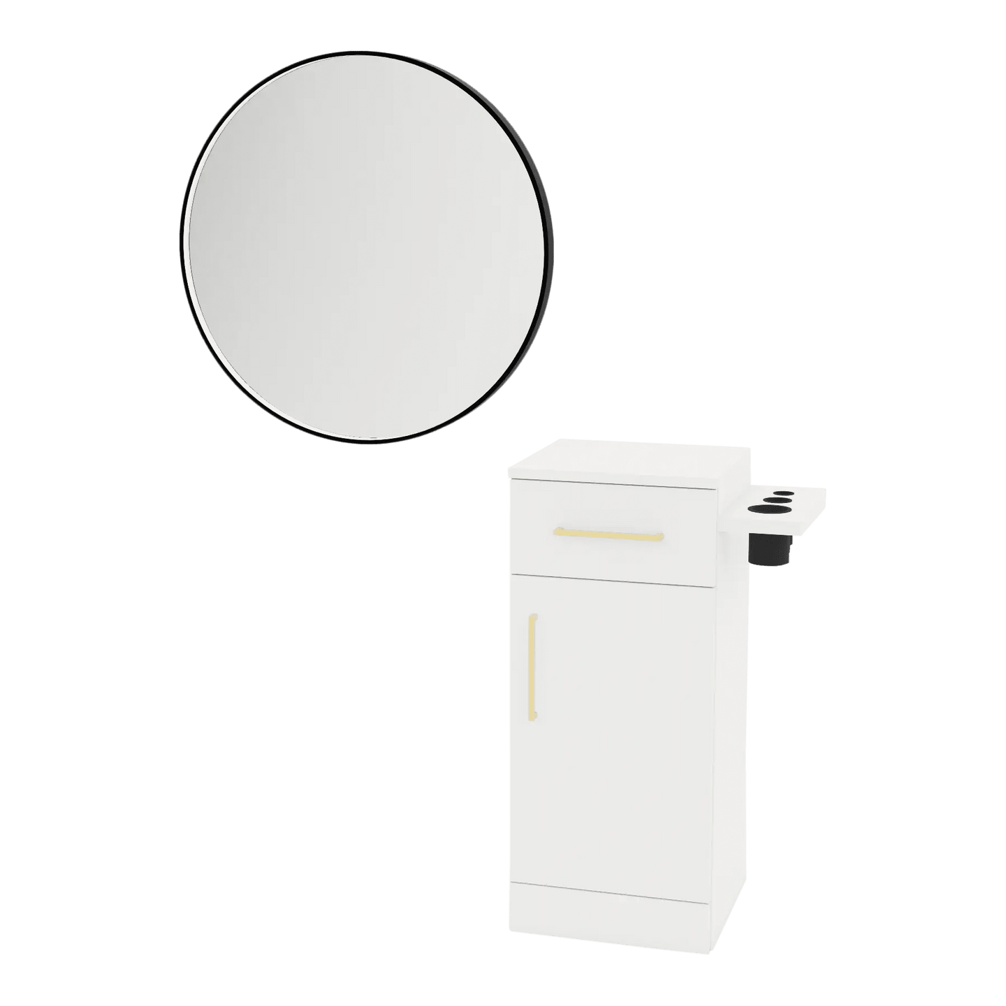 Nova Tower Free Standing Styling Station with Side-Mount Appliance Holder and Black Round Westin Mirror - Kaemark