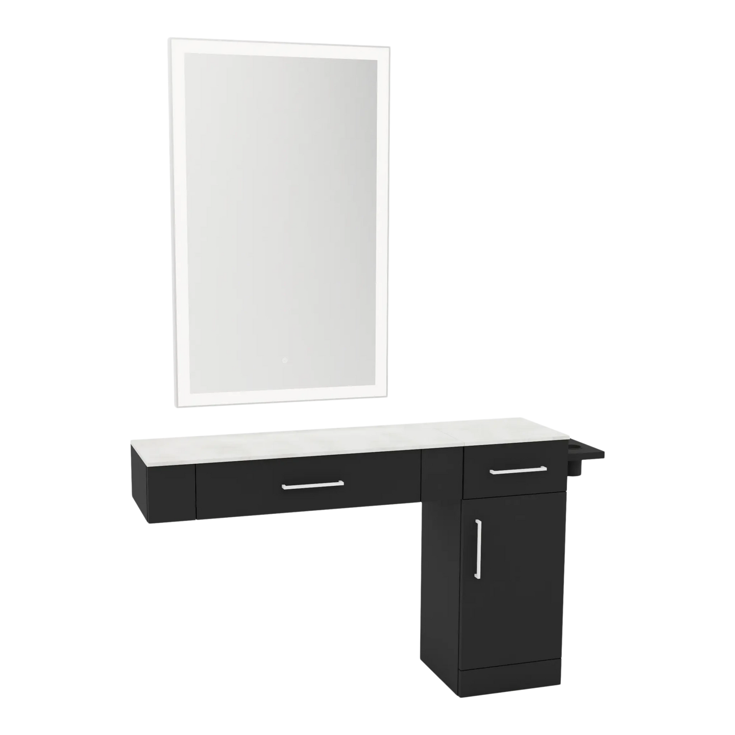Nova Combo Wall Mount Styling Station with Side-Mount Appliance Holder, Solid Surface Countertop, and Silver Rectangle Glo Mirror - Kaemark