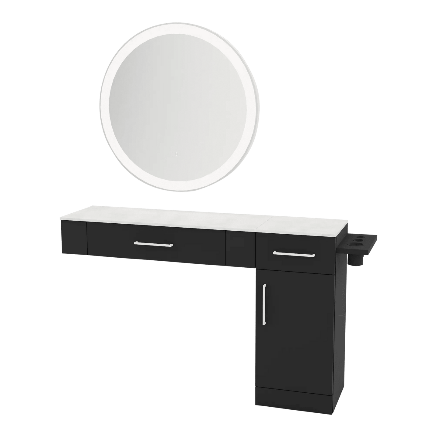 Nova Combo Wall Mount Styling Station with Side-Mount Appliance Holder, Solid Surface Countertop, and Silver Round Glo Mirror - Kaemark
