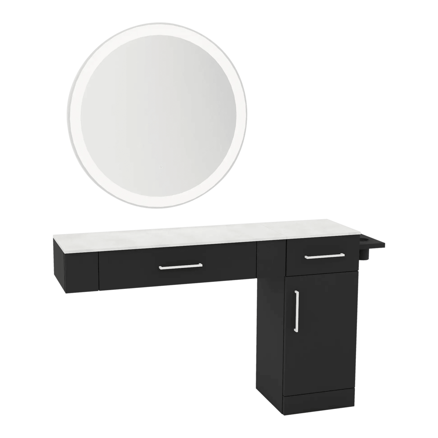 Nova Combo Wall Mount Styling Station with Side-Mount Appliance Holder, Solid Surface Countertop, and Silver Round Glo Mirror - Kaemark