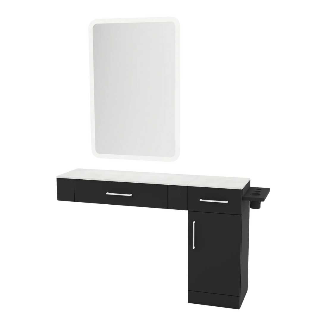Nova Combo Wall Mount Styling Station with Side-Mount Appliance Holder, Solid Surface Countertop, and White Rectangle Illuminate Back Lit Mirror - Kaemark